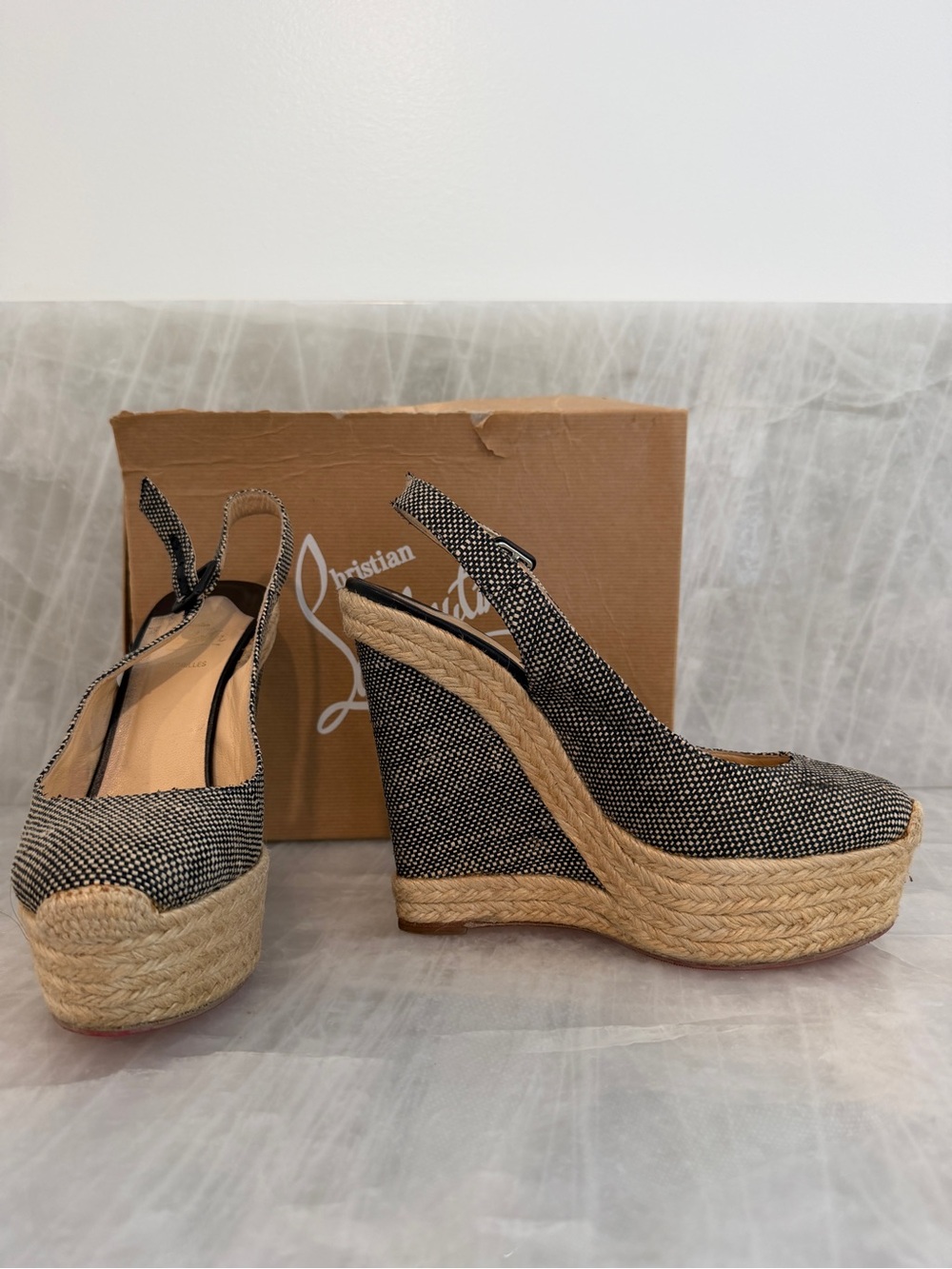Christian Louboutin Black and Natural Espadrille Wedge Slingback